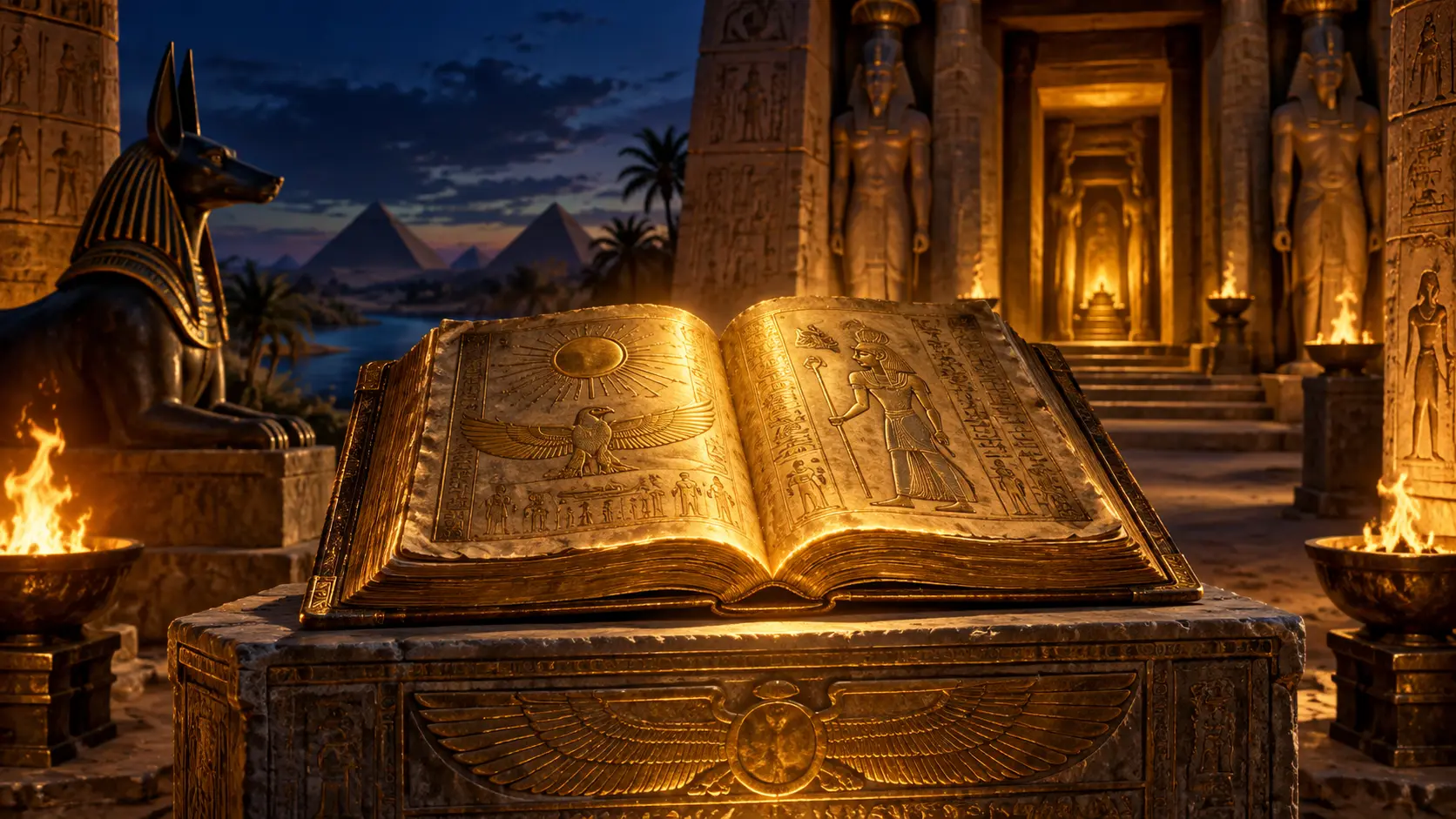 Eigene redaktionelle Illustration zu Book of Ra deluxe: Buchsymbol, Freispiele und Expansionssymbol; kein Spielbildschirm