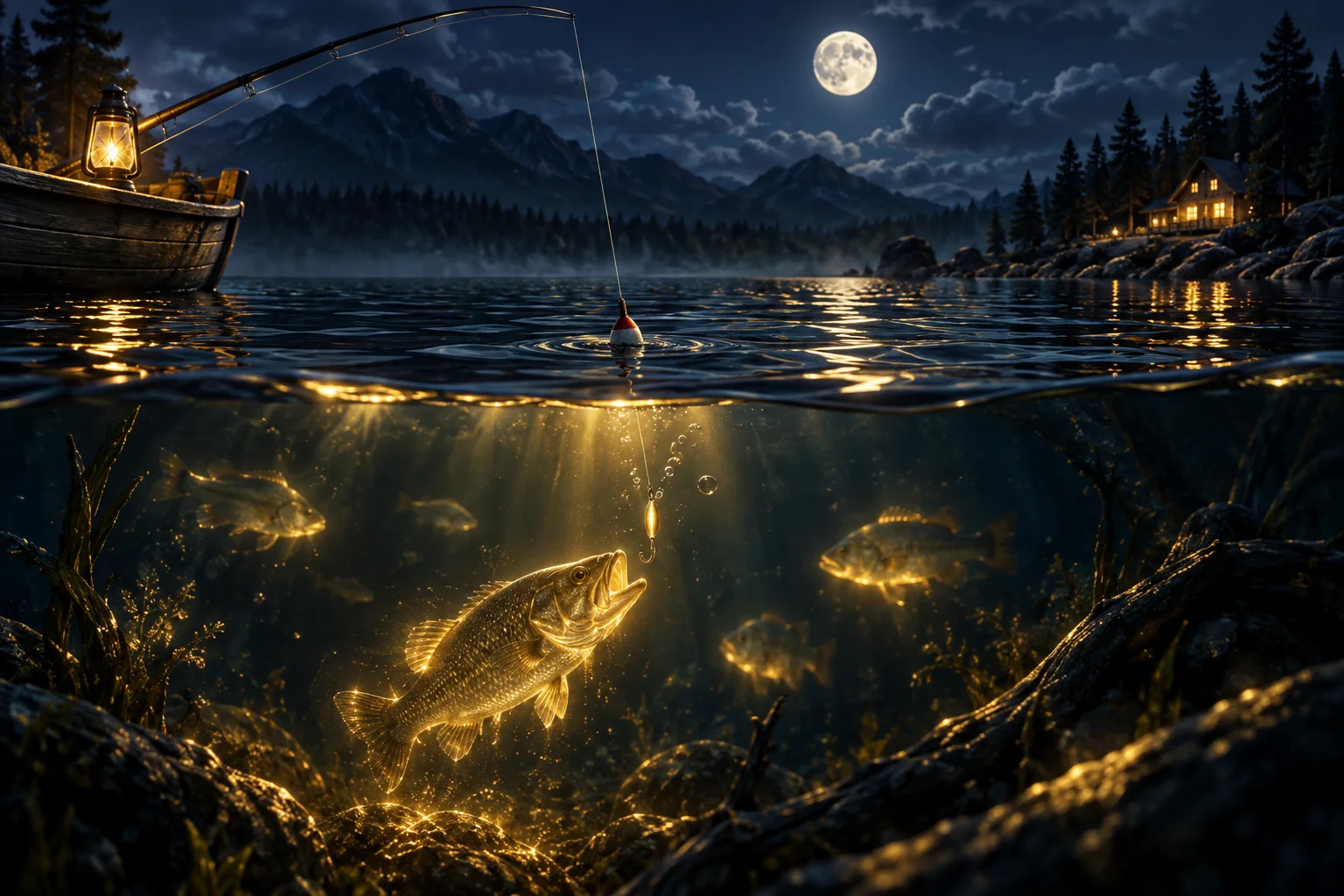 Eigene redaktionelle Illustration eines Sees mit Angelleine und goldenen Lichtreflexen